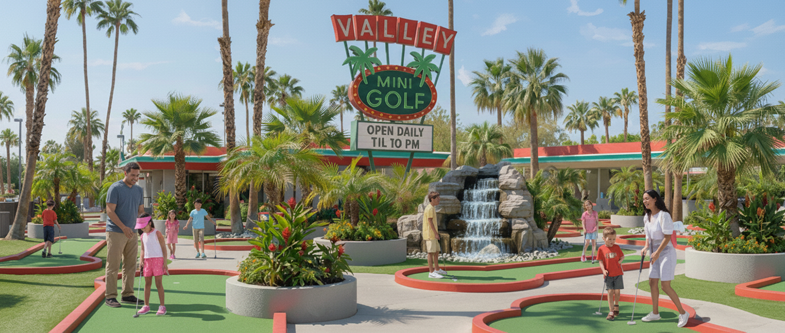 A photorealistic AI-generated image of the Valley Mini Golf course.