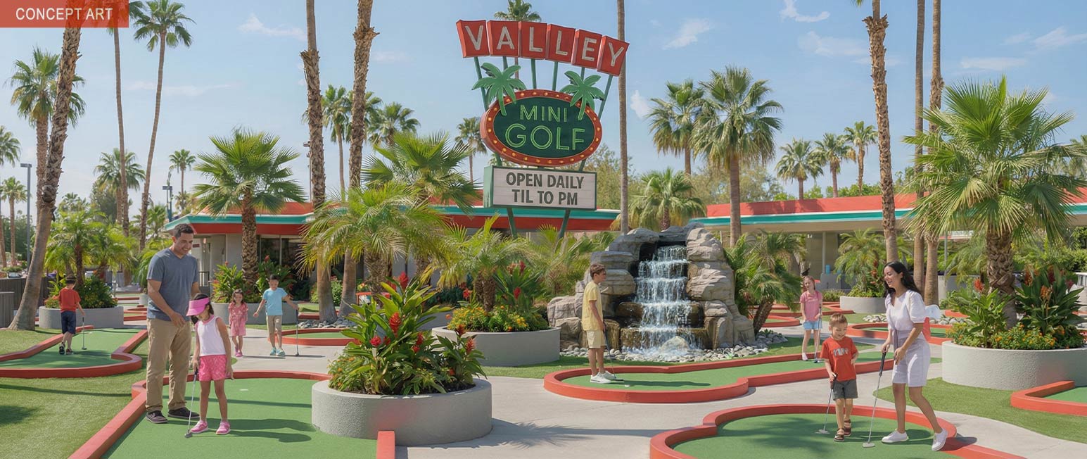 A photorealistic AI-generated image of the Valley Mini Golf course.